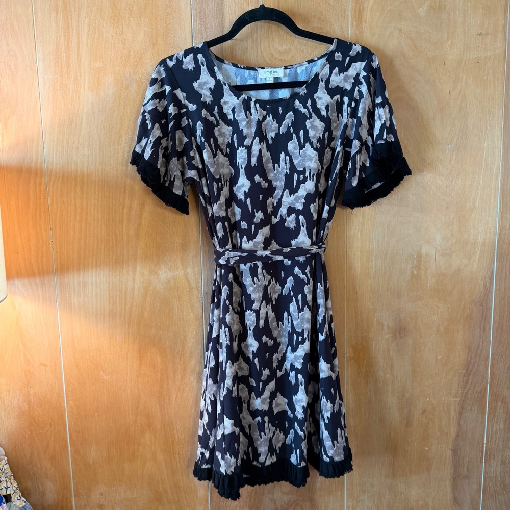 Umgee Abstract Print Fringe Trim Mini Dress Black Gray Short Sleeve S A0706